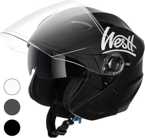 Westt Jethelm Motorradhelm mit Visier & Sonnenblende ECE 22.06 Zertifiziert | Rollerhelm mit Doppelvisier, leichter Open-Face Helm für Roller, Moped, Mofa, Chopper, Mopedhelm für Damen & Herren