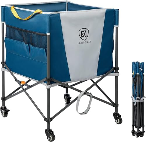 EVER ADVANCED Rolling Ballwagen faltbar mit Tragegurt Seitentasche Aufbewahrungswagen mit Rädern Sportgeräte 47x58x58cm für Volleyball Basketball Fußball Tennis Baseball