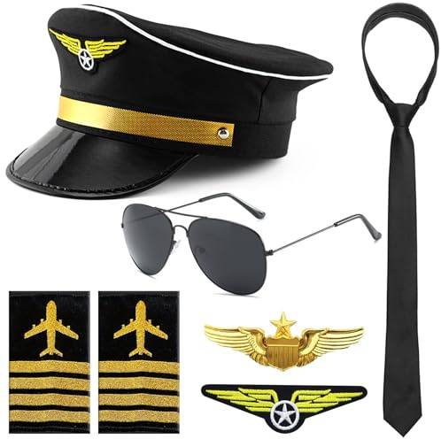 GMMG Piloten Kapitän Kostüm Herren Kapitänsmütze Pilot Kostüm Pilotenmütze Schulterklappen Kapitän Pilot Set Kapitän für Halloween Motto-Partys