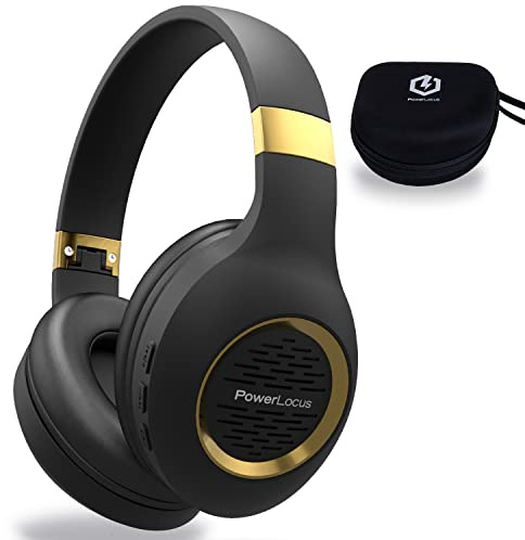 PowerLocus Bluetooth Kopfhörer Over Ear, Kabellose Kopfhörer Faltbarer mit Mikrofon,Hi-Fi-Stereo tiefer Bass,weicher Ohrenschützer kabelloses & kabelgebundenes Headset für Handy,Tablet,PC-Schwarz/Gold
