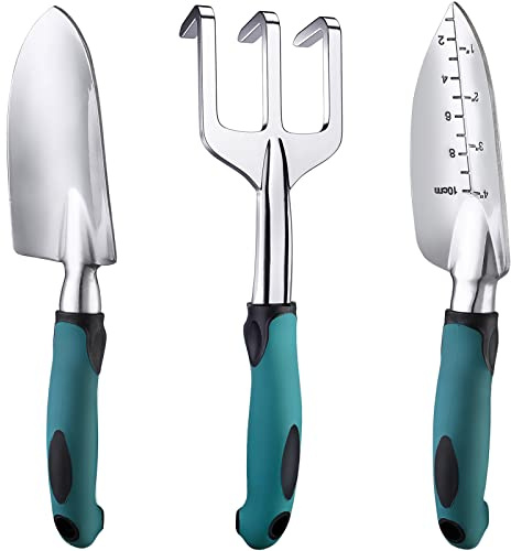 FANHAO 3-Teiliges Gartenwerkzeug Set Edelstahl, Handkelle Set, Robustes | Handkelle, Pflanzkelle, Harke, Edelstahl, ergonomischer Griff, ideal für Pflanzen, Umgraben und Gartenarbeit