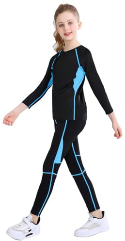 linboo Mädchen Sportanzug 2tlg Yoga Anzug mit Langen Ärmeln und Hosen, Elastisch, Outdoor eng anliegende Tanz- und Fitnessbekleidung für Kinder, Blau, Herstellergröße：130 Geeignete 128-134
