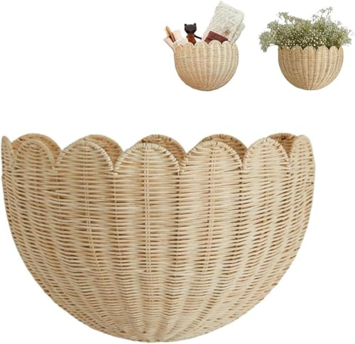 Wandkorb Geflochten Rattan Wand Hängekorb Geflochtener Boho Hängend Wandkörbe Blumenkorb Aufbewahrungskorb Deko Korb Storage Basket für Wohnzimmer Küchen Kinderzimmer Bad Schlafzimmer Flur (Klein)