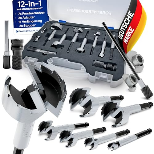 FALKENWALD® Forstnerbohrer Set 12-teilig (Ø 10-40 mm) mit Werkzeugkoffer & Adapter + Erweiterung - Hochpräzise Holzbohrer Topfbohrer - Premium Forstner Bohrersatz für Hart- & Weichholz