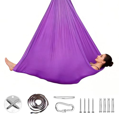 Aerial Yoga Hhängematte, 2-in-1 Yoga Hängematte & Swing, max. 200 kg, 1.5x2.8m, Aerial Yogatuch inkl. Montagezubehör (Hellviolett)