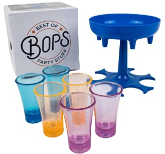 BOPS® - Schnapsglasspender für 6 Personen inklusive mehrfarbiger Gläser - Shot Verteiler Trinkspiel Ausgießer inklusive Verschlussstopfen (Blau)