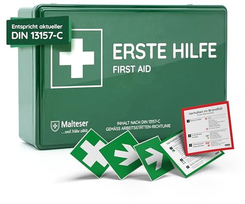Verbandkasten C nach neuer DIN 13157:2021, mit Wandhalterung/Wandmontage, Betriebsverbandkasten/Erste-Hilfe-Kasten für Betriebe, Büro & Baustelle gemäß ASR, grün