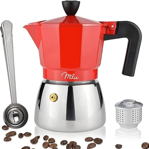 Milu Espressokocher Induktion geeignet | 3, 6, 9 Tassen | Aluminium Mokkakanne, Edelstahl Espressokanne, Espresso Maker Set inkl. Löffel, Bürste (Rot, 3 Tassen (150ml)