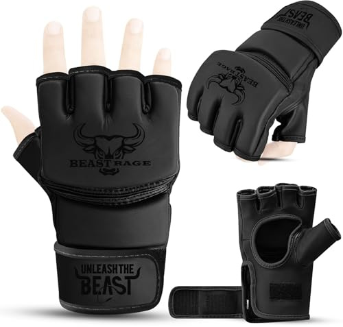 BEASTRAGE MMA Handschuhe für Männer und Frauen,Martial Arts Mitts Grappling Sparring,Ventilated Palm, VEGAN Leder, Cage Fighting, Muay Thai, Kickboxen, Boxsack, Boxen, Kickboxen (L, SCHWARZ)