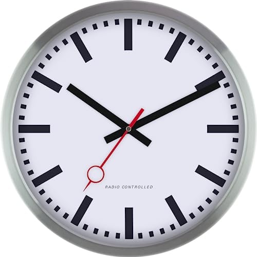 59530-07-Eurotime Funkwanduhr im Aluminium-Gehäuse Silber und Bahnhofs-Sekundenzeiger, Kunststoffabdeckung und Echtgasabdeckung
