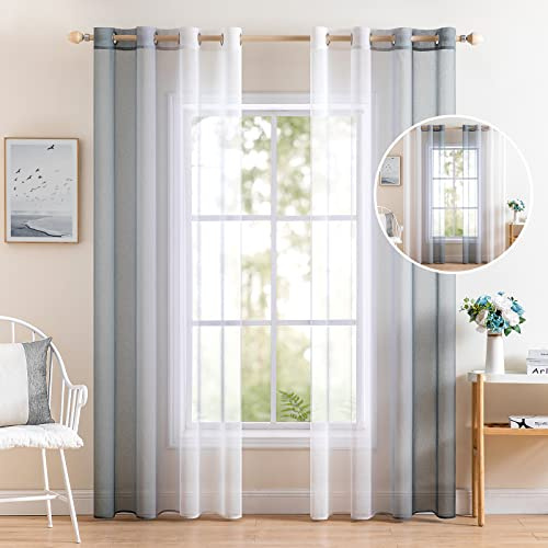 MIULEE 2er Set Voile Vorhang Zweifarbiger Vorhang mit Ösen Transparente Gardine Ösenschal Fensterschal Lichtdurchlässig für Schlafzimmer, 140x160cm, Weiß Grau