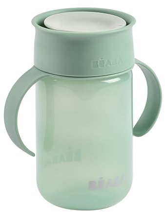 Béaba, 360°-Lernbecher mit Tropfstopp, Trinklernbecher, Patentierter Auslaufsicherer, ab 12 Monaten, Abnehmbare Griffe, mit Hygienedeckel, Trinkbecher Stabil, Leicht, 340 ml, Salbeigrün