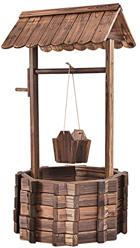 RELAX4LIFE Gartenbrunnen Holz, Zierbrunnen mit Dach & Holzeimer & Kurbel, Wunschbrunnen Blumentopf, Blumenkübel Pflanzkasten, Dekobrunnen für Garten, 56 x 56 x 114 cm, Rustikales Braun