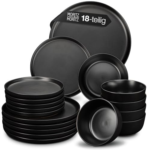 Moritz & Moritz NORDIC Geschirrset 6 Personen - 18-teiliges Steingut Geschirr Set in Schwarz - Skandinavisches Design - Robustes Teller Set 6 Personen für Alltag & Gäste - Kombiservice Geschirrsets