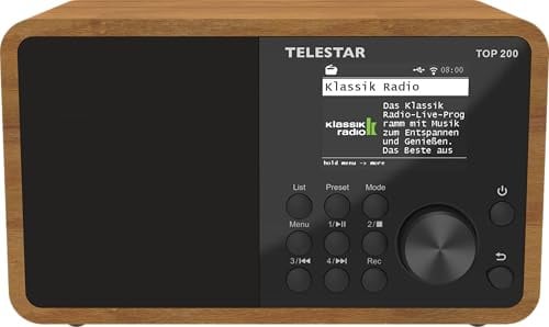 TELESTAR TOP 200 – DAB+/Internetradio (Mono, 10 Watt, Bluetooth Audio Streaming & Sendefunktion, USB-Aufnahme, Notfallwarnsystem, App-Steuerung) – Holz