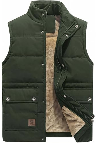KEFITEVD Steppweste Herren Outdoor Weste Multi Taschen Funktionsweste Männer Wattiert Fleece Jacke Winter für Jagd Angeln Dunkeloliv 3XL
