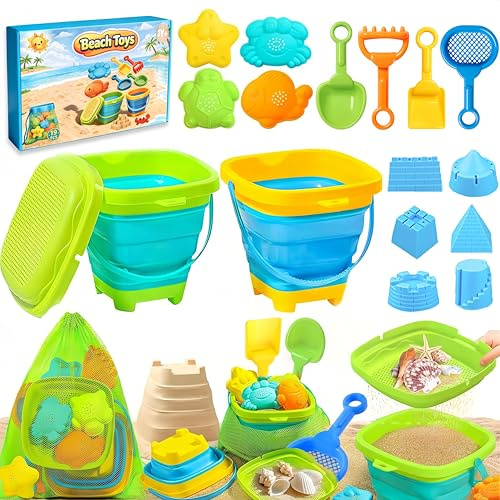 FLEXTRIX Sandspielzeug Strandspielzeug Junge Mädchen mit Faltbarer Eimer Kinder Sandkasten Spielzeug, 19 PCS Sandförmchen Sandschaufel Kinder, Reise Sand Spielzeug ab 3 Jahr
