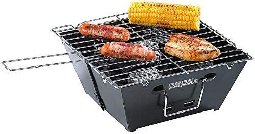 PEARL Faltgrill: Flach zusammenklappbarer Kohle-Grill, Grillfläche ca. 24,5 x 24 cm (Grill klappbar, Campinggrill Kohle klappbar, BBQ)