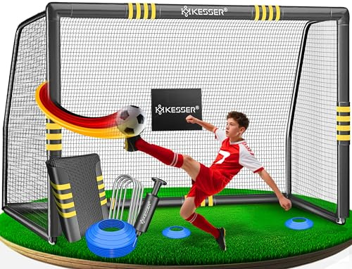 KESSER® Fußballtor – Hochwertiges Fußballtor 300cm, Training Schusstraining UV-beständigem Netz, Stahlrahmen mit Polsterung, Erdhaken, Luftpumpe, Hüttchen, Montagezubehör für Kinder und Erwachsene