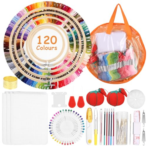 Qixora DIY Stickerei Kit, 120 Farbfäden Stickerei Starter Kit, Leicht zu Lagern Kreuzstich Set für Erwachsene, 3 Aida Tücher und Kreuzstich Werkzeug Set mit 5PCS Bambus-Stickrollen Embroidery Kit