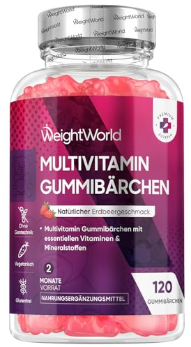 Multivitamin Gummibärchen - 120 Gummies mit 13 Zutaten - Mit Zink, Vitamin C, A,D3,E, B9,B5, Biotin - Erdbeergeschmack - 2 Monate Vorrat - Multivitamin Komplex - A-Z Vitamine - WeightWorld