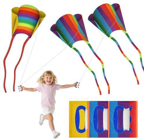 3 Stück Drachen Kinder Set – Bunte Einleiner Drachen mit Langen Schwänzen Lenkdrachen, Einfach zu Fliegen für Anfänger & Kinder, Outdoor Kinderdrachen
