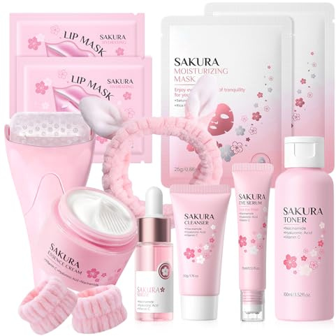12 Stück Sakura Gesichtspflege Set,Hautpflegeset Mädchen Mit Cleanser,Toner,Serum,Augen Serum,Creme,Lippenmaske,Gesichtsmaske,Gesichtsroller,Hasenstirnband, Pamper Geschenkset Frauen Teenager