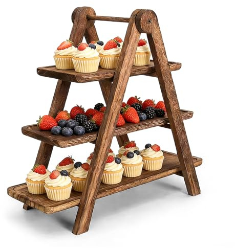 XJJAUGKLY Holz Etagere, 44x35x17cm Rechteckige Etagere aus Holz mit 3 Etagen, Tragbar Faltbarer Dessertständer, Stabiles Gestuftes Tablett zum Anrichten & Präsentieren, Passend für Parteien, Picknick