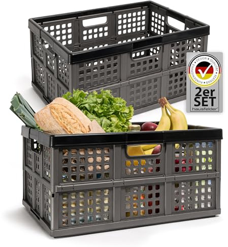Hausfelder Klappboxen faltbar stabil, 45 l 2er Set – Klappkiste & Klappkorb für Auto, Einkauf und Haushalt