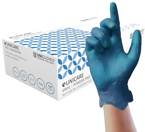 UNIGLOVES Unicare Blue Vinylhandschuhe - vielseitig einsetzbar, puder- und latexfreie Einweghandschuhe - Box mit 100 Handschuhen, blau, Mittel (GS0083)
