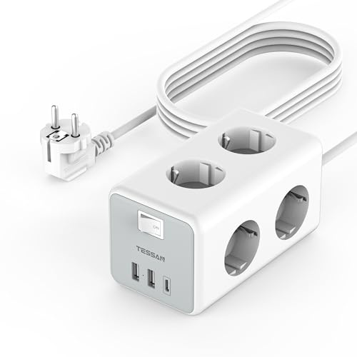 TESSAN 6 Fach Mehrfachsteckdose mit USB C, 5M Verlängerungskabel | Verteilersteckdose mit Schalter, Steckdosenleiste 3 USB, Steckdosenwürfel Wandmontage, Mehrfachstecker 3600W