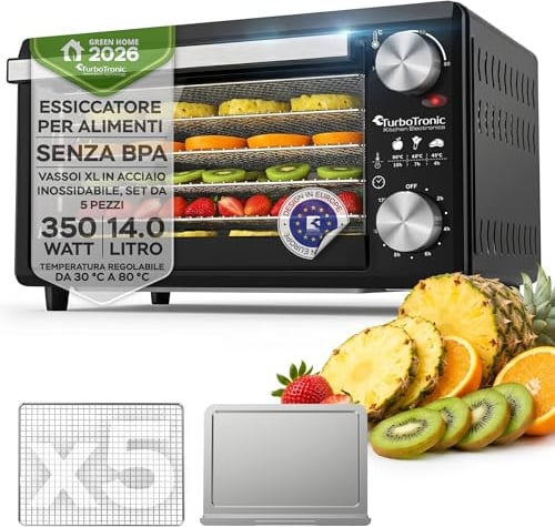 TurboWave BIO Dörrgerät ab 30°C - komplett aus Metall, 14 Liter, 5x Einlegeboden, 30°C bis 80°C, inkl. Timer und Rezeptheft