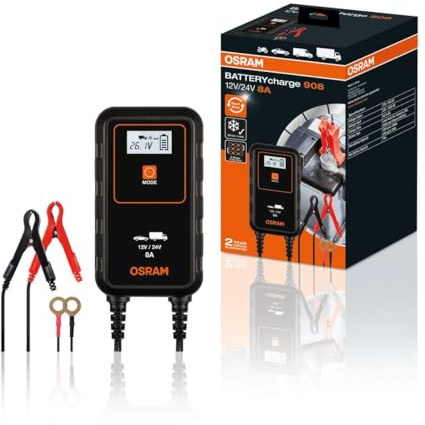 OSRAM BATTERYcharge 908, KFZ-Batteriewartungsgerät 12V und 24V, mobiles KFZ Batterieladegerät für PKW, Motorrad, SUV, Van, Kleinlaster