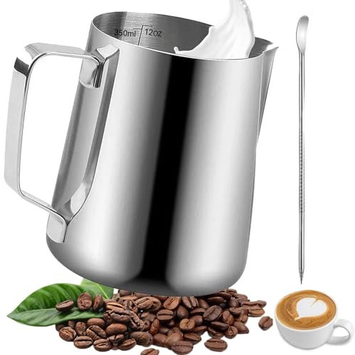 Omtofo 350ml Milchkännchen Edelstahl, Barista Milchkännchen mit Messung Mark und Latte Art Pen, für Espresso, Milchaufschäumer, Cappuccino Milchschau, Latte Art, Kaffeeliebhabe