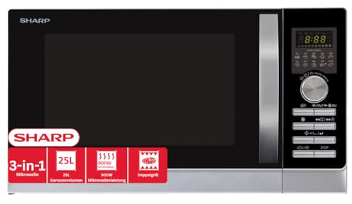 SHARP 843 INW Mikrowelle mit Grill & Heißluft – 25 L, 900 W, 10 Automatikprogramme, Edelstahl-Garraum, LED-Display, Kindersicherung, Energiesparmodus, Silber/Schwarz