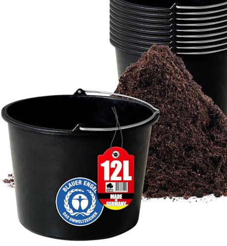 BigDean 10x Baueimer 12l - Mörteleimer mit Henkel - Eimer für Baustelle & Garten - Stabiler Wasserkübel, Betoneimer mit Skala, Blauer Engel, Made in Germany