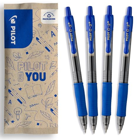PILOT - 4er-Set G2 Plus - Einziehbare und Nachfüllbare Gelstifte - Stifte aus Recyceltem Kunststoff - Blau - Mittlere Spitze