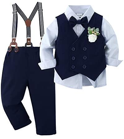 ZOEREA Baby Jungen Bekleidungsset Anzug 1-5 Jahre, Kleinkind Gentleman Festliche Taufe Hochzeit Langarm Kleid Hemd + Bowtie + Weste + Boutonniere + Hosenträge