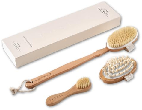 Trockenbürsten-Set – am besten für Cellulite, Lymphdrainage und Hautpeeling – Naturborsten Spa Kit – Langer Griff Rückenschrubber, Massagegerät & Gesichtspeeling für strahlende Haut…