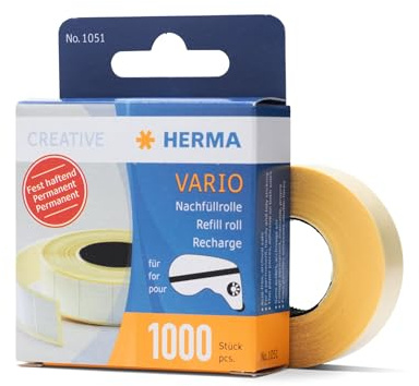 HERMA Kleberoller Nachfüllkassette Doppelseitig Permanent Selbstklebend, 10 Nachfüllpackung mit jeweils 1.000 Klebestücke (12 x 13 mm), Fotokleber Refill Nachfüllrolle für HERMA Klebebandroller