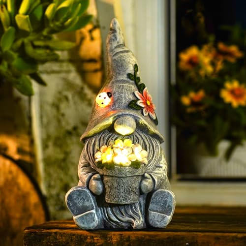 Yeomoo Gartenzwerge mit Blumen Solar Figuren Deko für Außen Gartendeko | Gartenzwerg Gartenfigur mit Solarlampen - Liebevolles Geschenke für Frauen Männer Mum Garten Balkon Terrasse Deko Zimmer Grau