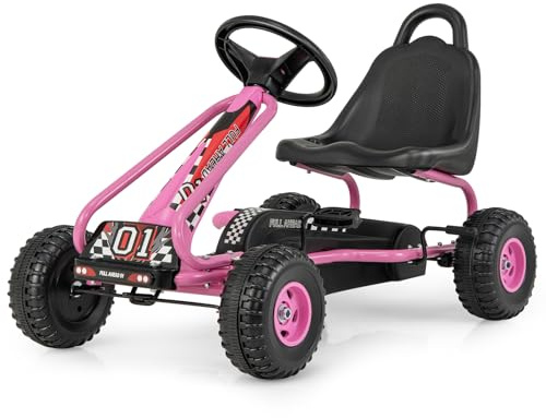 COSTWAY Gokart mit verstellbarem Sitz, Go Kart mit Handbremse, Tretauto bis 30 kg belastbar, Pedal Go Cart, Tretfahrzeug, Pedalfahrzeug, Kinderfahrzeug für Kinder ab 3 Jahren (Rosa)