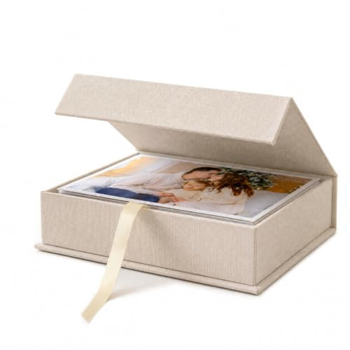 Hiwhy Foto Aufbewahrungsbox,10x15 cm,Leinen,Beige | Elegante Fotobox Mit Deckel – Für Fotos,Bilder,Scrapbooking-Zubehör,Andenken,Schmuck,Familienerinnerungen