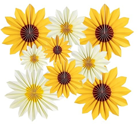 CAIJ 9 Stück Sonnenblumen Papierfächer Deko Gelb Papierblumen zum Aufhängen aus Wabenpapier, Blumengirlande hängend, Geburtstag Deko, Bauernhof Geburtstag Deko, Hochzeit, Fasching, Karneval Party Deko