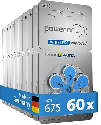 Varta Power One Hörgerätebatterien Typ 675 blau, Batterien 60 Stück Vorratspack, wireless approved, Größe p675 für Hörgeräte und Hörhilfen, high hearing level, quecksilberfrei, Made in Germany