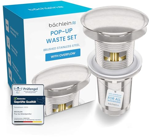 Bächlein Universal Ablaufgarnitur mit Überlauf (Gebürsteter Edelstahl) - Pop Up Ventil für Waschbecken und Waschtisch – Ablaufventil Abflussgarnitur aus Messing mit Einbauanleitung