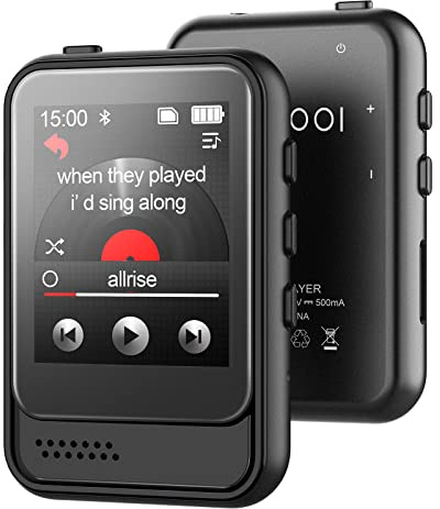 MP3-Player mit Bluetooth 5.3, tragbarer Musik-Player mit FM-Radio, Diktiergerät, Micro-SD-Slot, Lautsprecher, Kopfhörer inklusive, Touchscreen, max. 256 GB erweiterbar für Sport geeignet