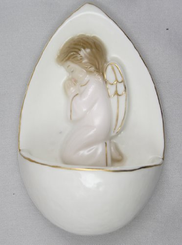 MaMeMi Porzellan - Weihkessel Weihwasserkessel/Weihbecken Weihwasserbehälter mit Goldrand Engel betend in rosa 10,5 cm