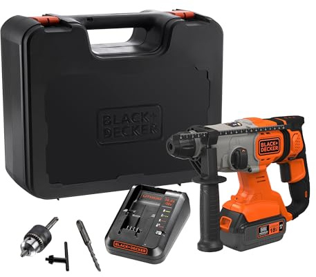 BLACK+DECKER 18 V SDS-Plus Akku-Bohrhammer, 4,0 Ah Akku, 2 A Ladegerät, Kit-Box, verstellbarer Griff, LED-Licht, BCD900M1K-QW