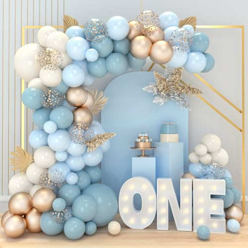 Luftballon Girlande Blau Gold, 98 Luftballongirlande Blau Gold mit Luftballons Blau Beige Sand Weiss, Luftballons Geburtstag Blaue Pastell für Deko Geburtstag Junge Baby Boy Baby Shower Gender Reveal